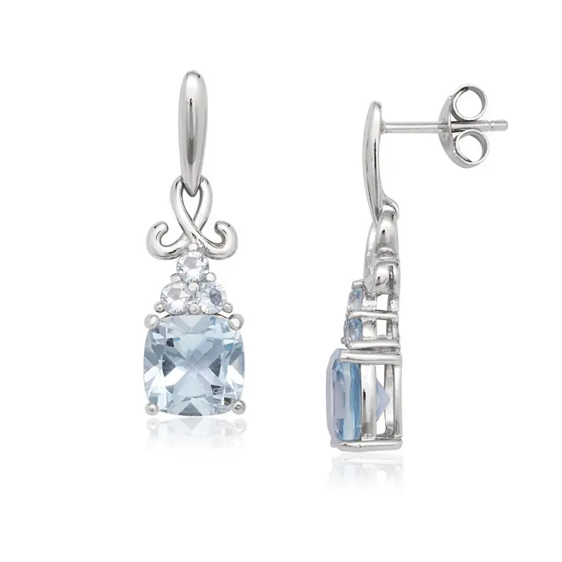 Sterling Silver Small White Topaz with Larger Square Blue Topaz Earrings