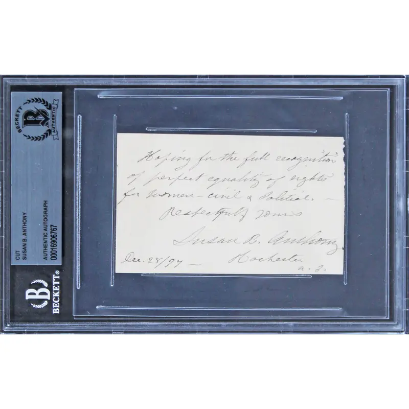 Susan B. Anthony "Vote for Woman Suffrage" Signed 2.5x4 Cut Signature BAS Slab