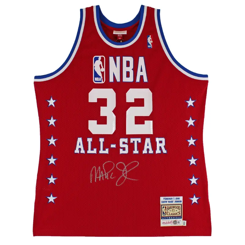 Lakers Magic Johnson Signed Red M&N 1988 All-Star Authentic Jersey BAS Witness 2