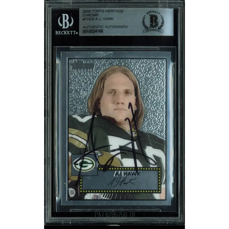 Packers A.J. Hawk Signed Card 2006 Topps Heritage Chrome RC #THC8 BAS Slabbed