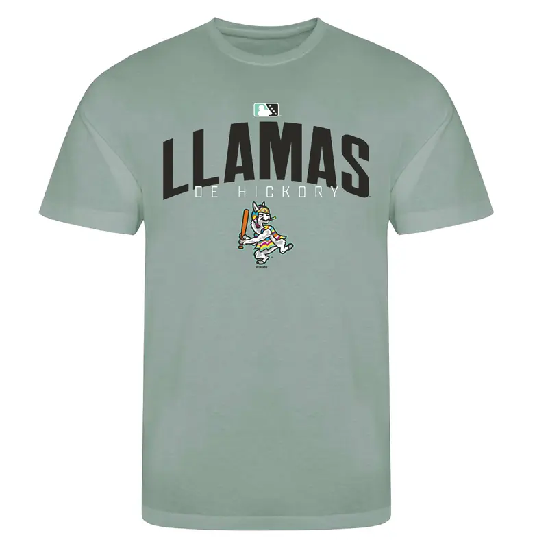 Hickory Crawdads Llamas de Hickory Gallagher Dusty Green Ringspun Cotton Tee