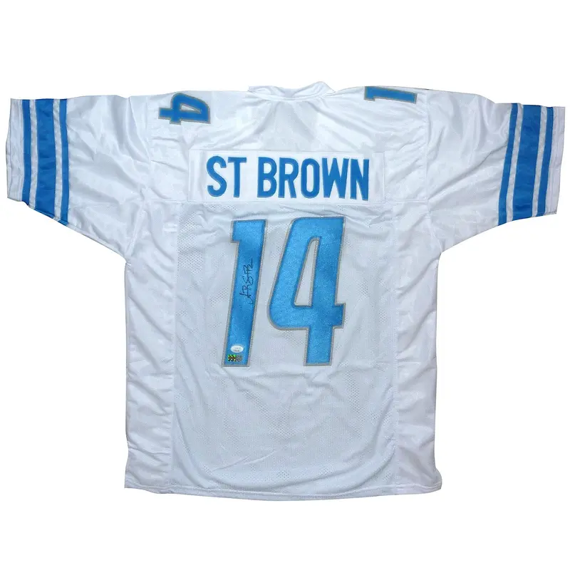 Amon-Ra St Brown Autographed Detroit (White #14) Custom Jersey - JSA