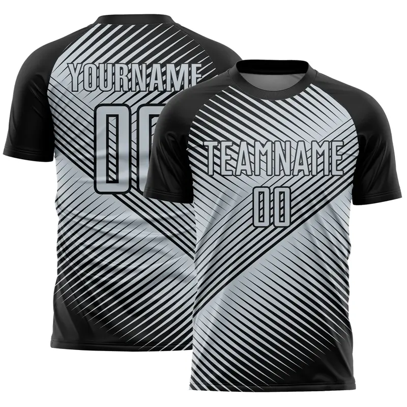 Custom Black Silver Line Sublimation Soccer Uniform Jersey