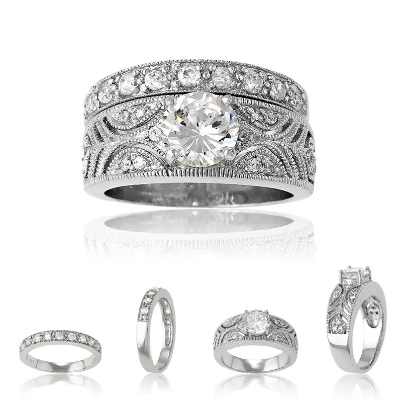 Sterling Silver Designed Clear CZ Ring W/ Center Round Clear CZ & Clear CZ Wedding Band