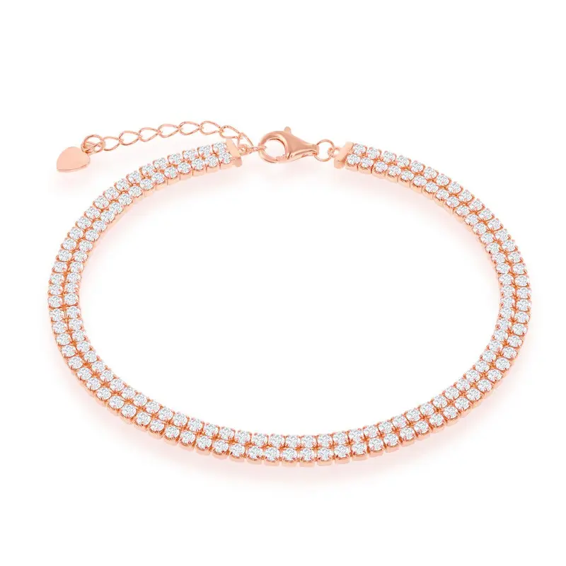 Sterling Silver Double Row CZ Tennis Bracelet - Rose Gold Plated