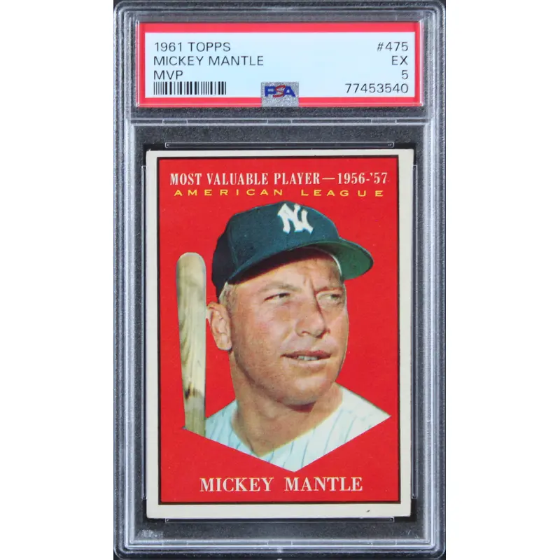 Yankees Mickey Mantle 1961 Topps #475 Card Graded EX-5 PSA Slabbed