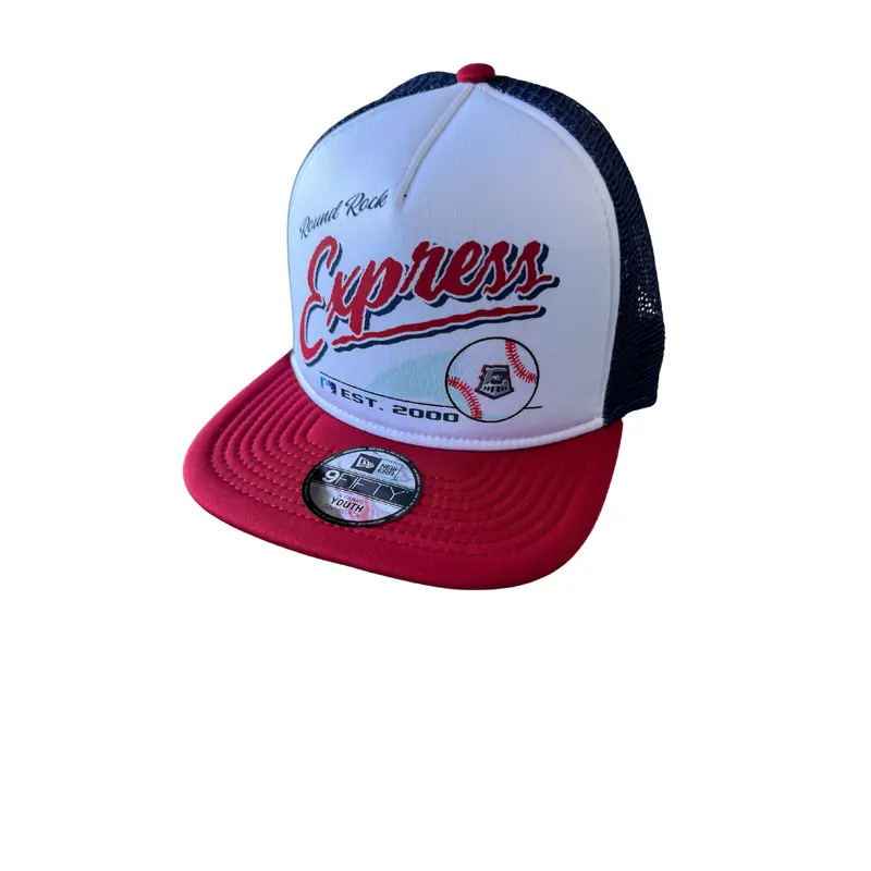 Round Rock Express New Era Youth White/Navy Mesh Retro Script 950