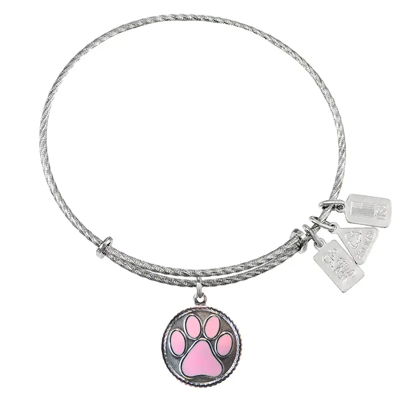 Paw Print, Pink Enamel Sterling Silver Charm Bangle