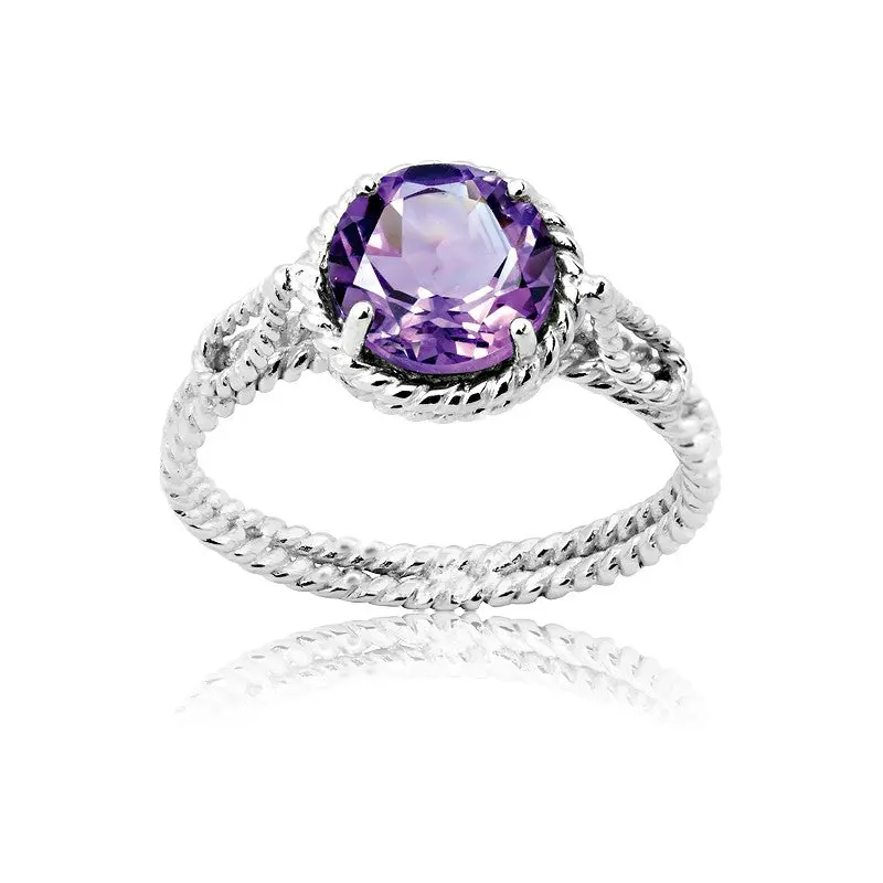 Sterling Silver Round Gem Twisted Wire Ring - Amethyst