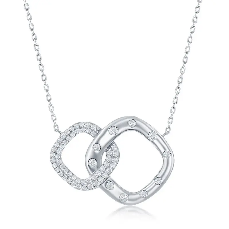 Sterling Silver, Micro Pave CZ Interlocking Diamond-Shaped Necklace