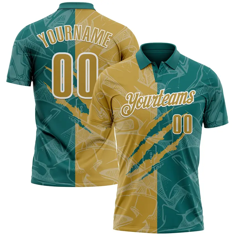Custom Graffiti Pattern Old Gold Teal-White 3D Scratch Performance Polo Shirt