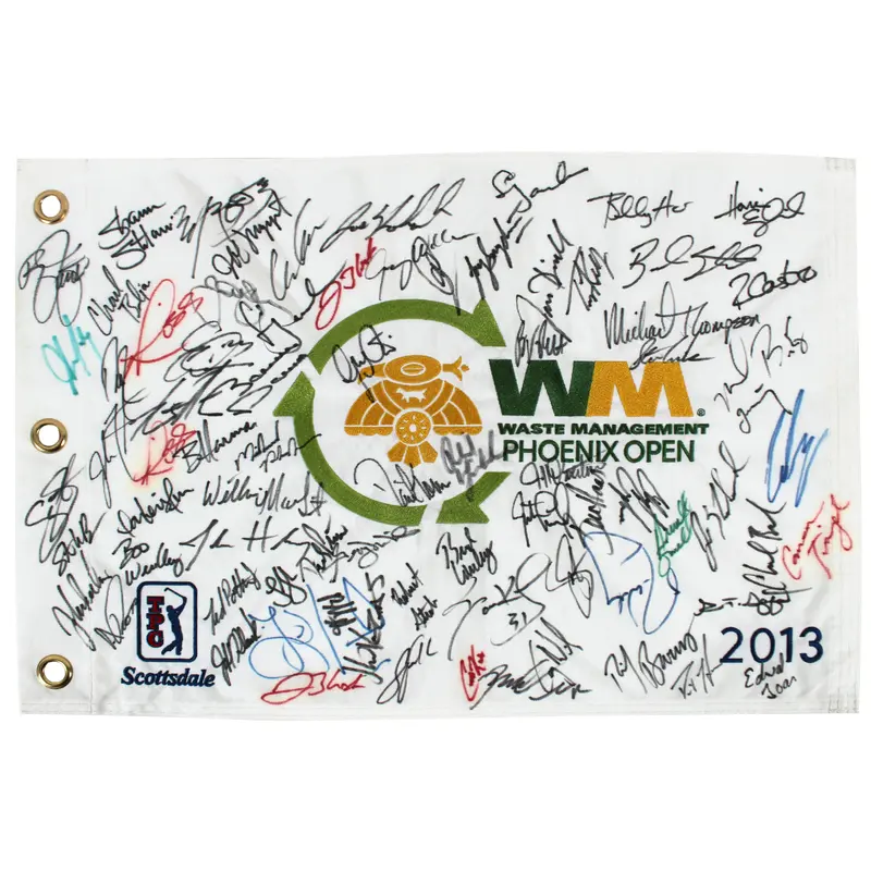(72) Mickelson, Watson, Fowler, Leonard, Harmon Signed 2013 WM Open Pin Flag BAS