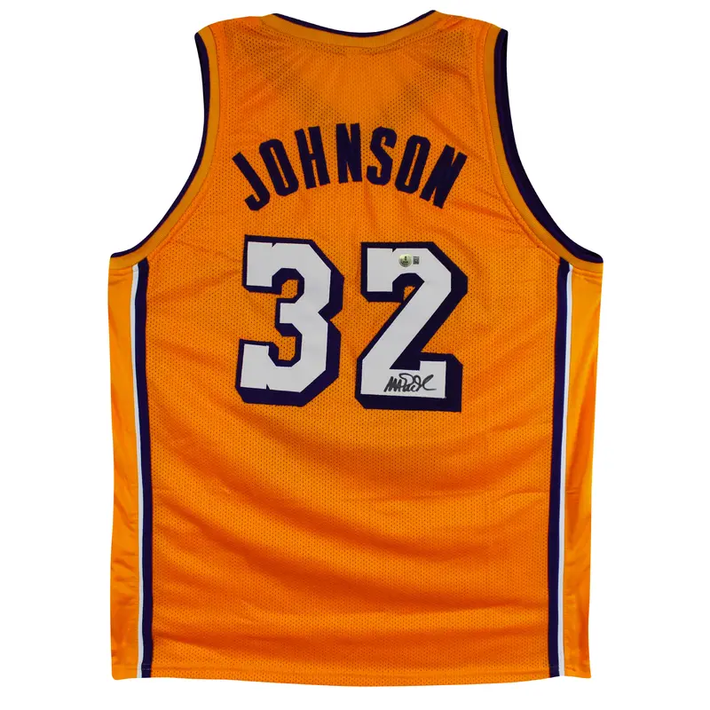 Magic Johnson Signed Yellow Pro Style Jersey w/ White Numbers BAS Witnessed 2