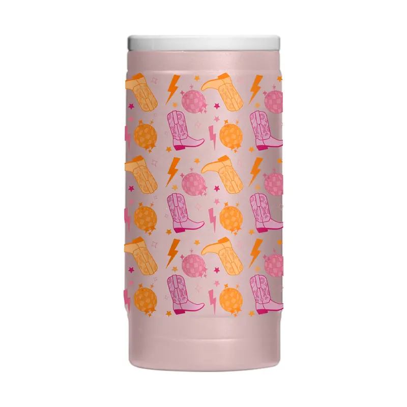 Just A Girl 12oz Disco Cowgirl Pattern Powdercoat SlimCan Coolie