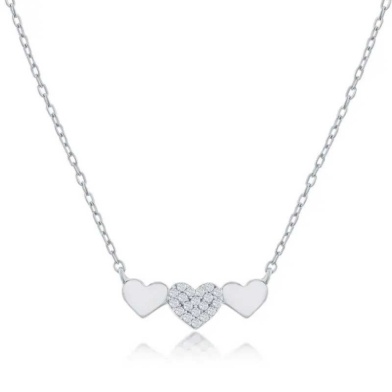 Sterling Silver Triple Heart CZ Bar Necklace