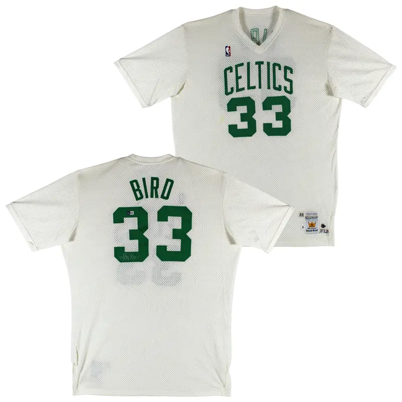 Celtics Larry Bird Signed Team Issue Sand-Knit Practice Shooting Shirt BAS
