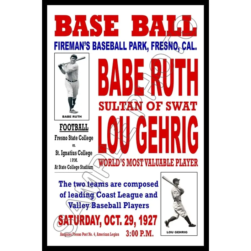 Babe Ruth Lou Gehrig Poster 11X17 - 1927 Barnstorming Fresno California Yankees - 2030