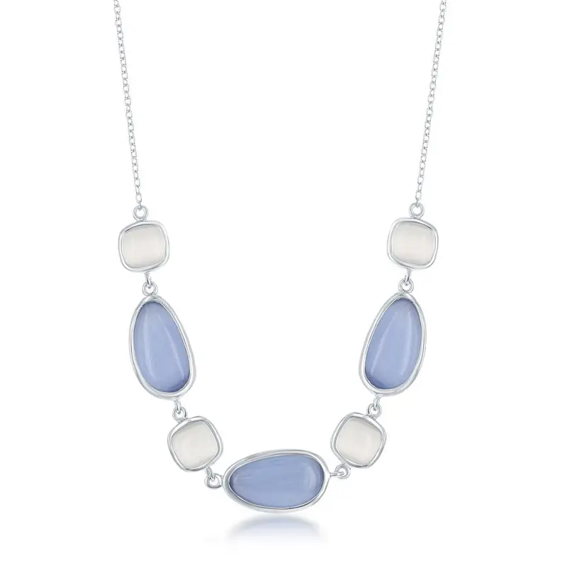 Sterling Silver Irregular Blue Gray and Square Gray Cat's Eye Necklace