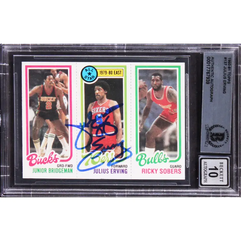 76ers Julius Erving Signed 1980 Topps #137 Card Auto Gem Mint 10! BAS Slabbed