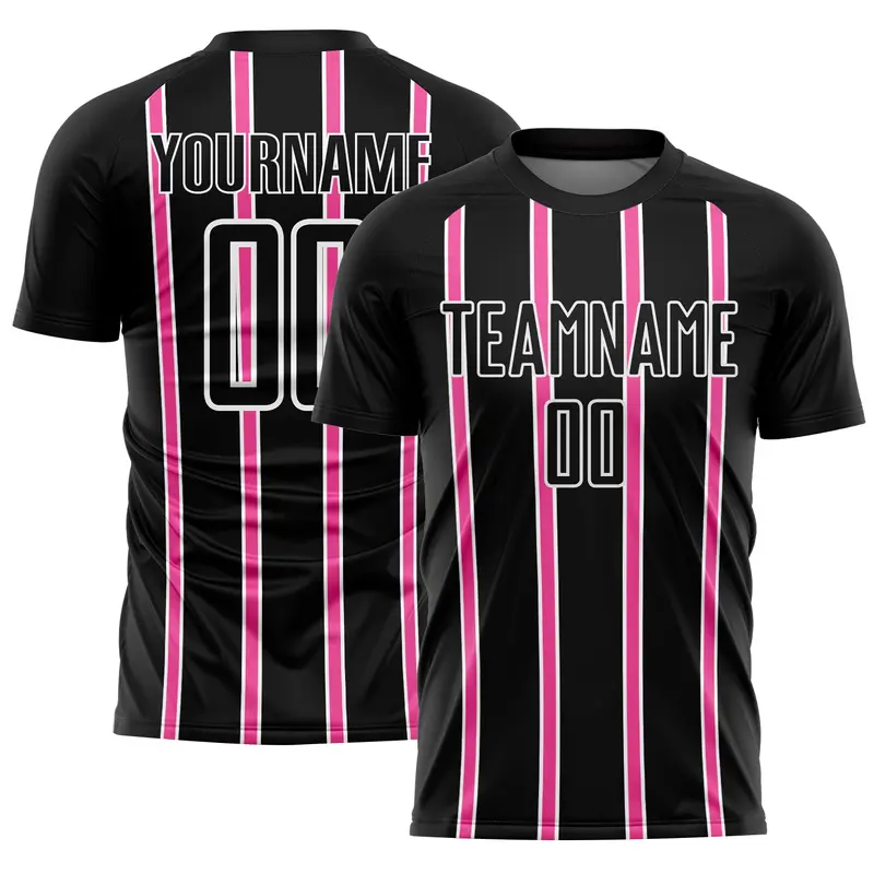 Custom Black Pink-White Stripe Line Sublimation Soccer Uniform Jersey