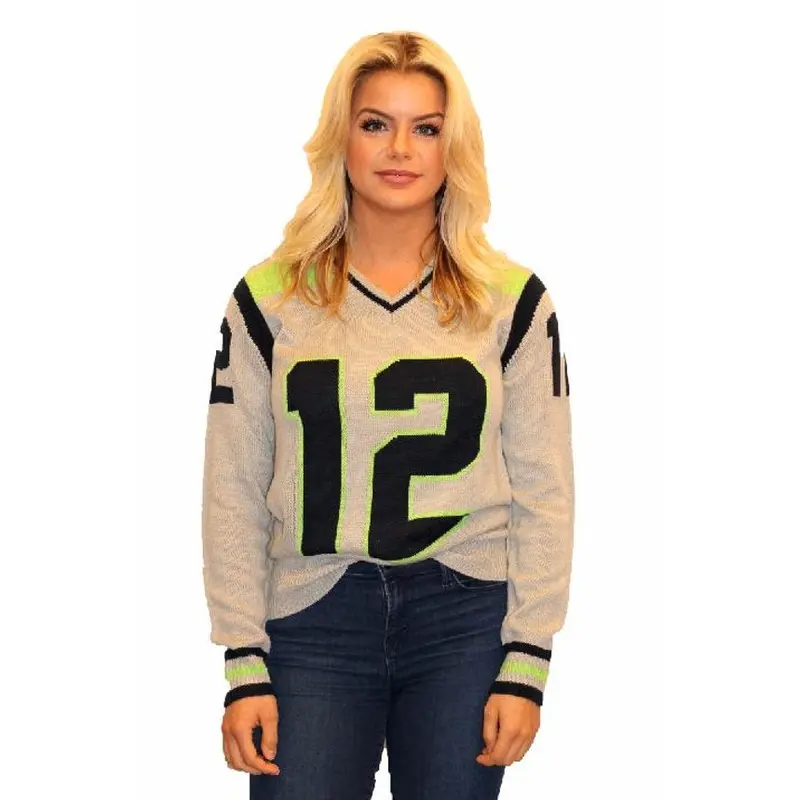 Gray Seattle Tribute Sweater with "12" and green V-Neck (UNISEX SIZING)