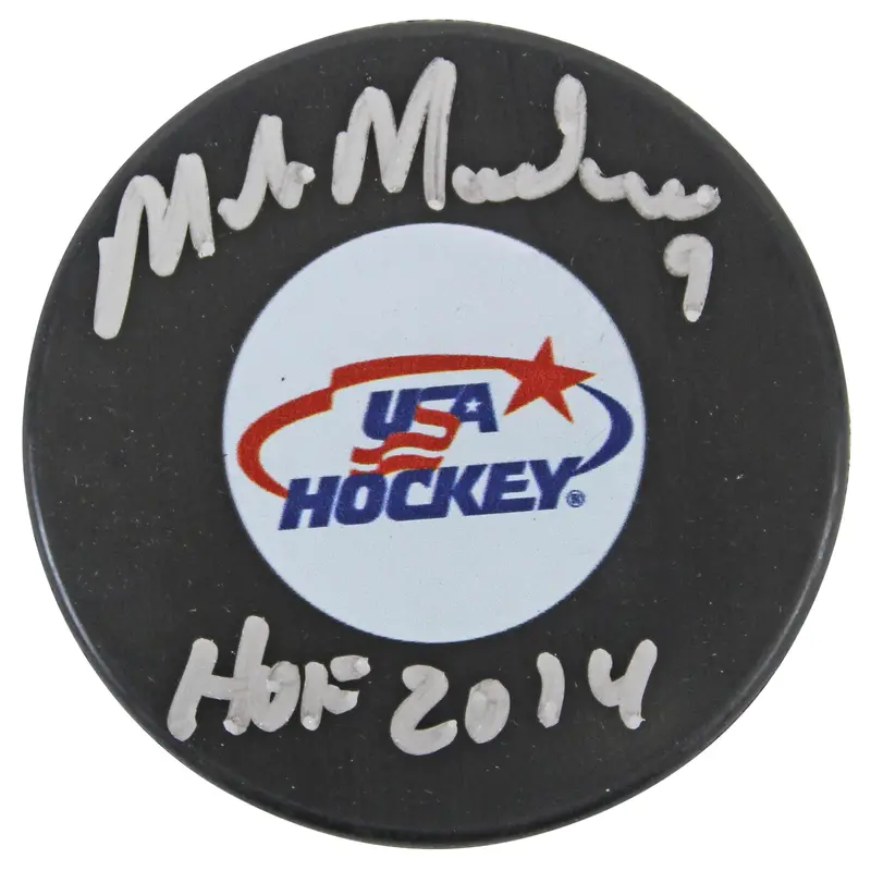 Stars Mike Modano "HOF 2014" Signed USA Hockey Logo Puck BAS Witnessed #WA87202