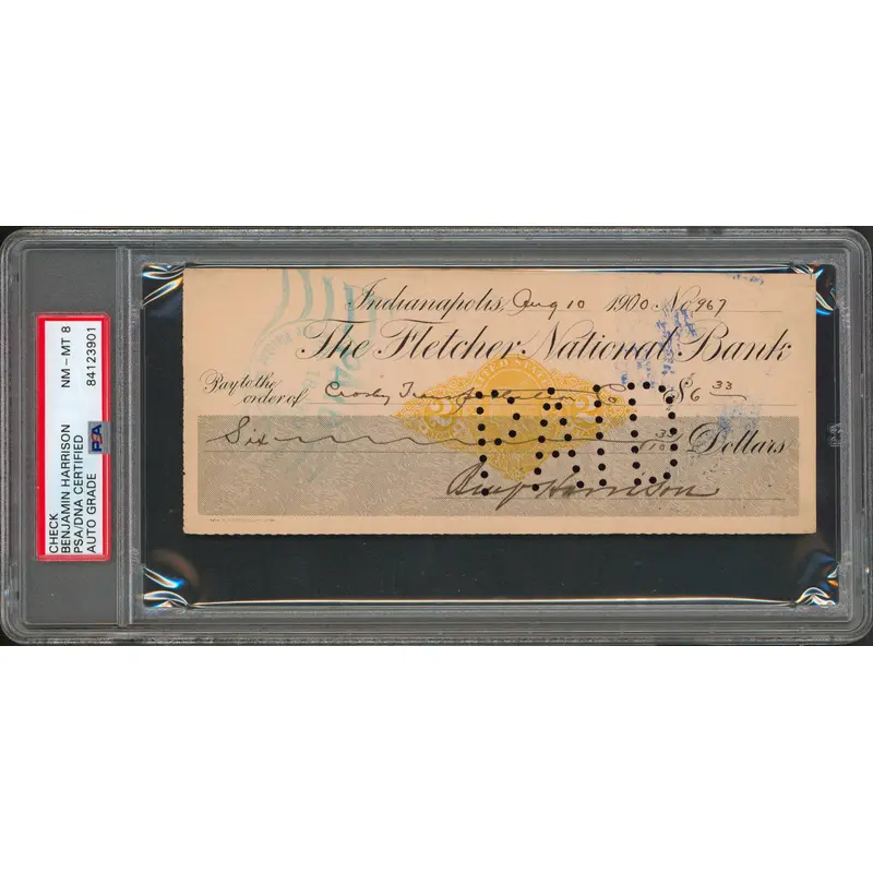 Benjamin Harrison Authentic Signed 1900 3x7 Check Auto Graded NM-MT 8 PSA Slab