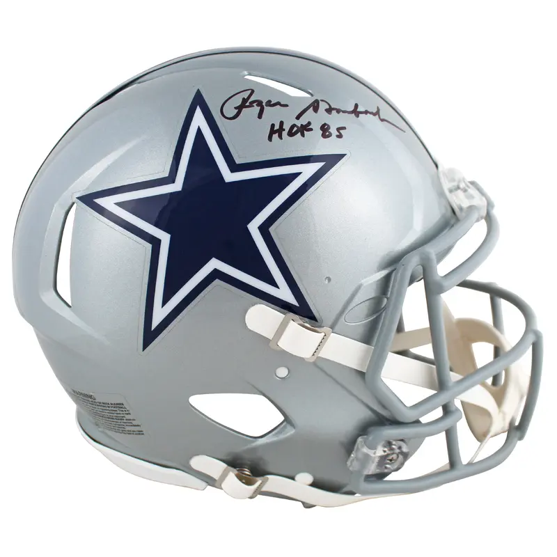 Cowboys Roger Staubach "HOF 85" Signed SIlver Full Size Speed Proline Helmet BAS