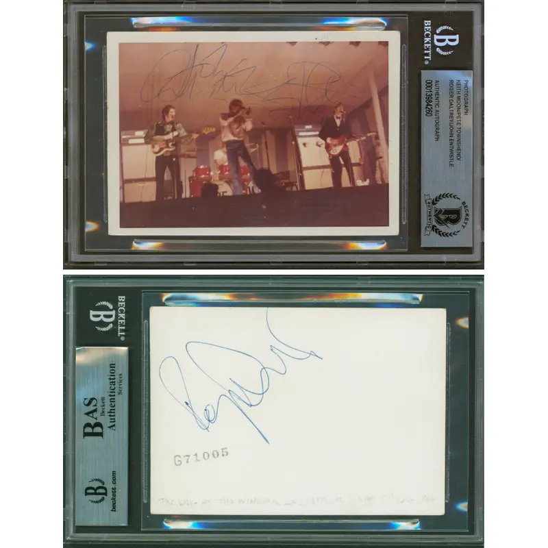 The Who (4) Moon, Townshend, Daltrey, Entwistle Signed 3.5x5 Photo BAS Slabbed
