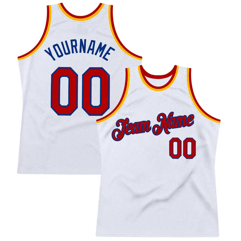 Custom White Red Royal-Gold Authentic Throwback Basketball Jersey
