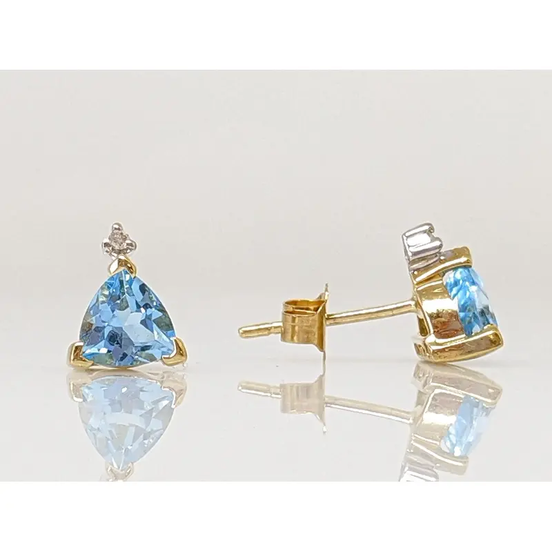10K BLUE TOPAZ TRILLION 5MM WITH DIAMOND ESTATE STUD EARRINGS 1.2 GRAMS