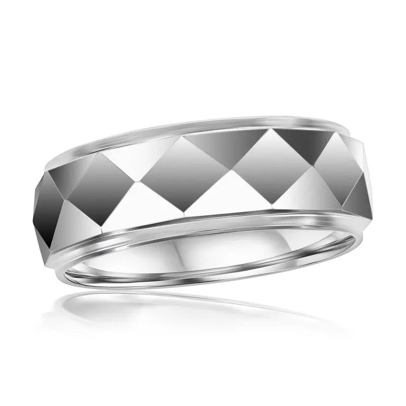 High Polished Diamond Design Faceted Tungsten Ring