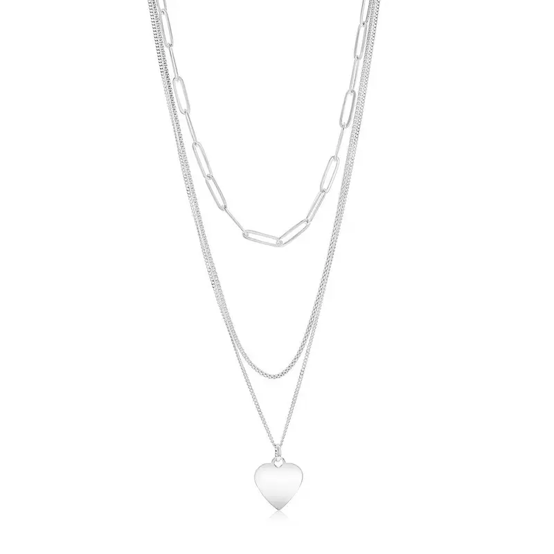 Sterling Silver Layered Paperclip and Popcorn Chain Necklace W/Heart
