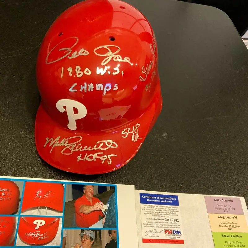 Mike Schmidt Pete Rose Steve Carlton 1980 W.S. Champs Signed Phillies Helmet PSA
