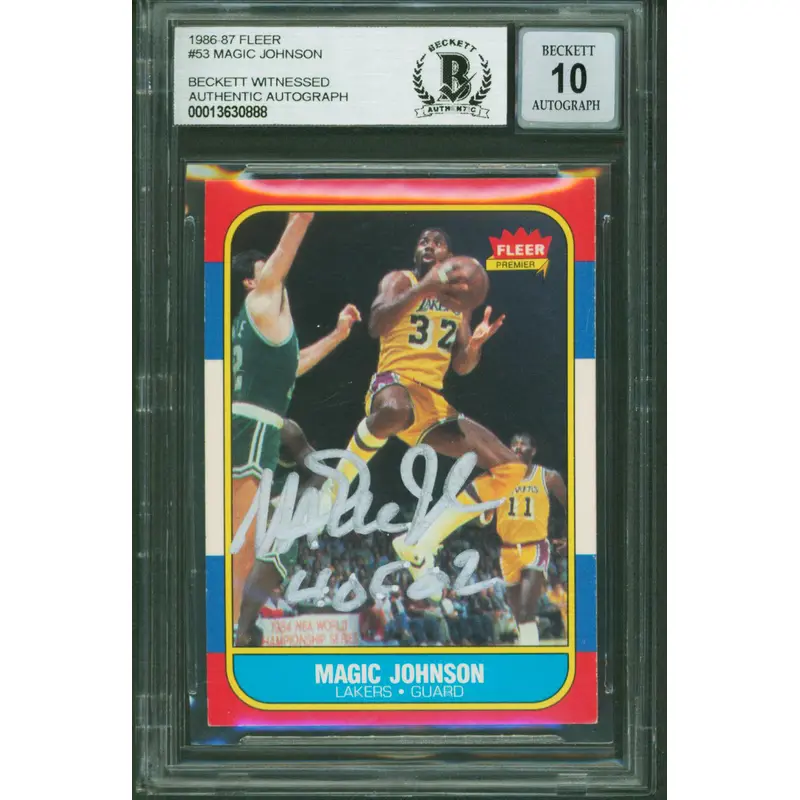 Lakers Magic Johnson "HOF 02" Signed 1986 Fleer #53 Card Auto 10! BAS Slabbed