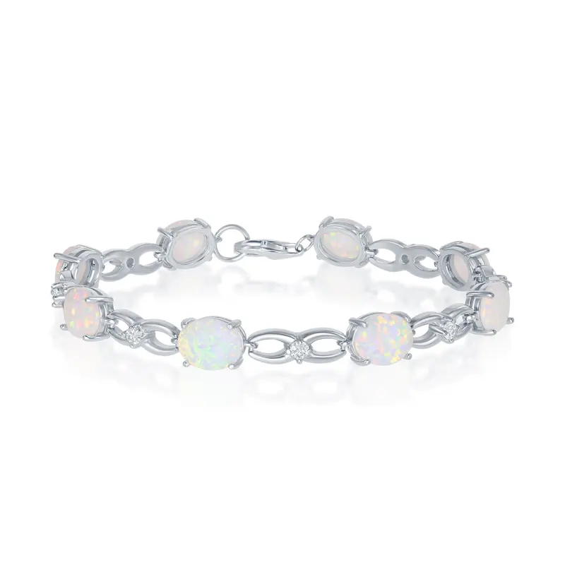 Sterling Silver, Alternating Infinity White Opal & CZ Bracelet