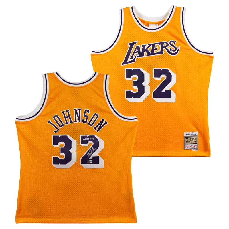Lakers Magic Johnson "5x NBA Champ" Signed Yellow M&N HWC Swingman Jersey BAS W