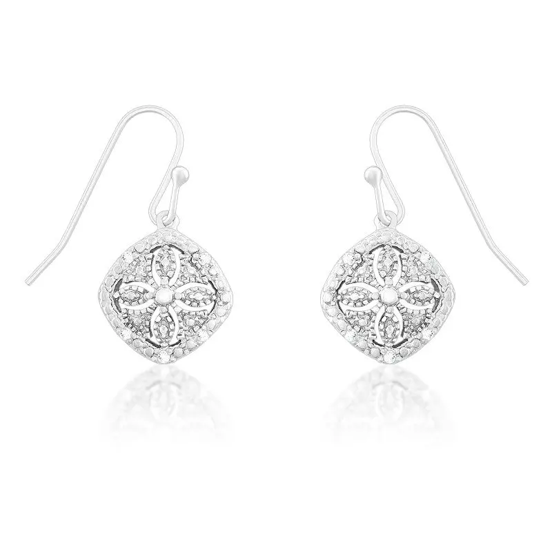 Sterling Silver Square Disc with Flower Cutout Diamond Earrings
