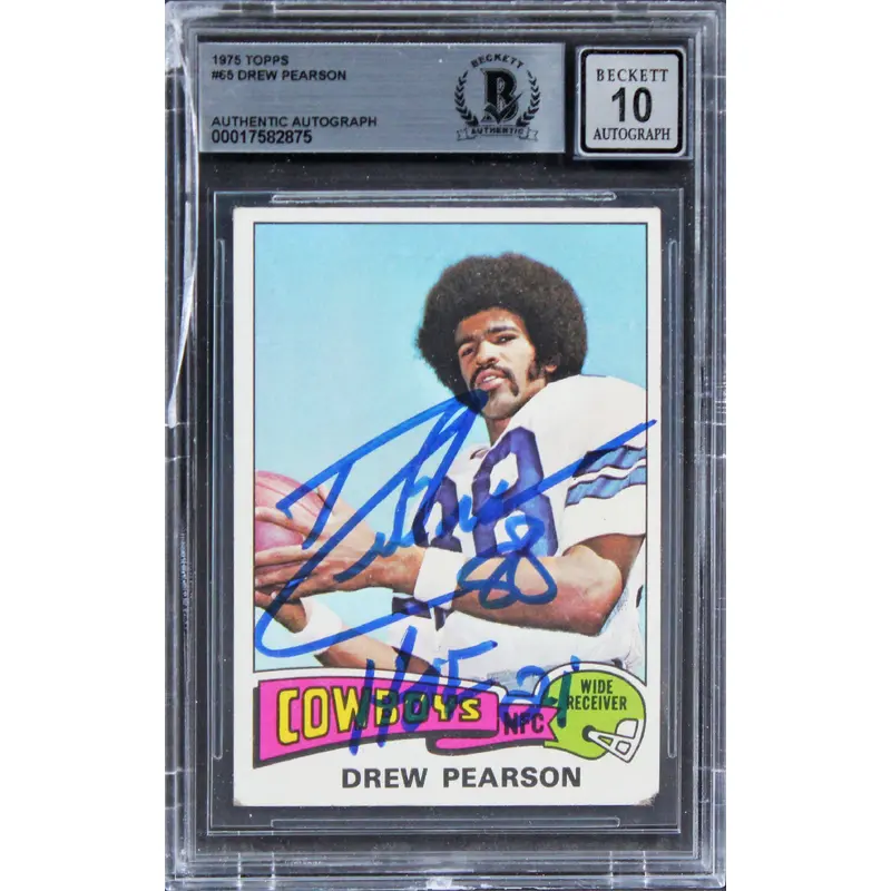 Cowboys Drew Pearson "HOF 21" Signed 1975 Topps #65 Card Auto 10! BAS Slabbed