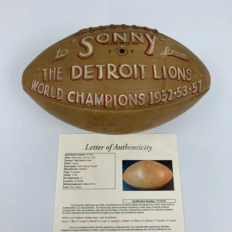 1958 Detroit Lions Team Signed Spalding Vintage Football JSA COA