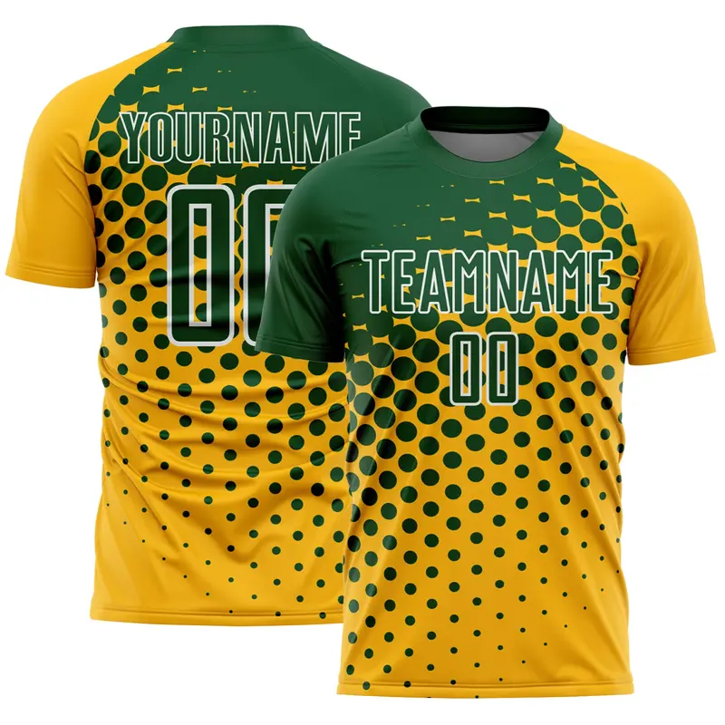 Custom Gold Green-White Modern Polka Dot Sublimation Soccer Uniform Jersey
