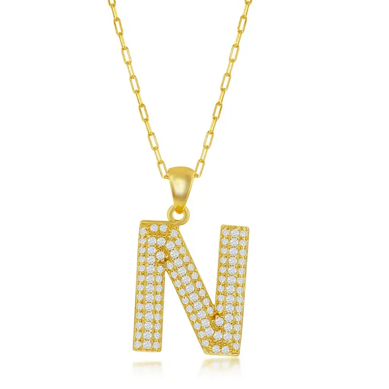 Sterling Silver Micro Pave CZ  'N'  Block Initial w/ Paperclip Chain - Gold Plated