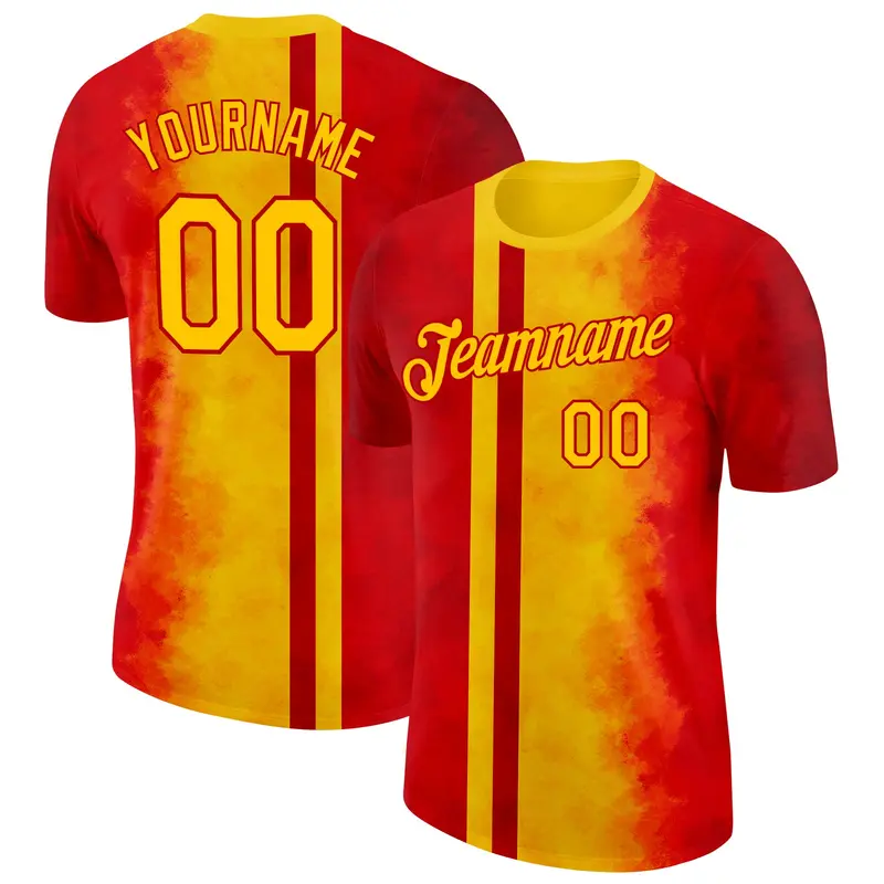 Custom Red Yellow 3D Pattern Design Spain Gradient Sport Wear Performance T-Shirt