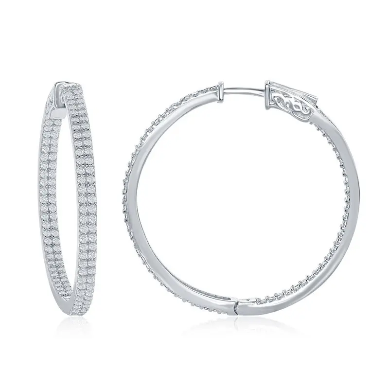 Sterling Silver 3x40mm Inside-Outside Double Row CZ Hoop Earrings