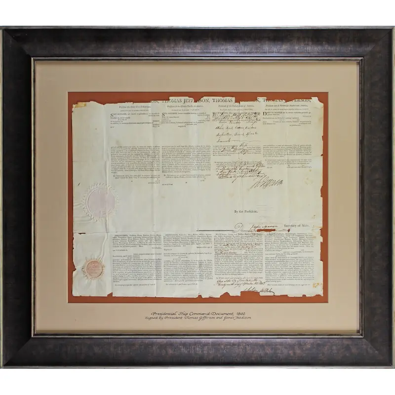 Thomas Jefferson & James Madison Signed & Framed 16x19.75 1802 Ship Passport JSA