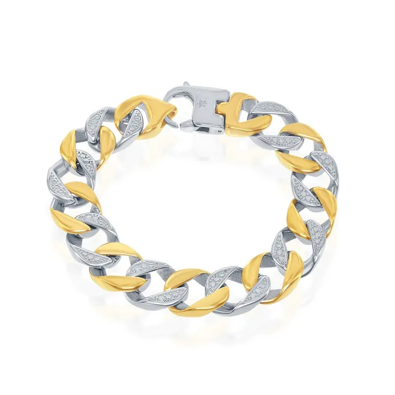 Stainless Steel Two-Tone Gold Plated Pave Curb Link Bracelet