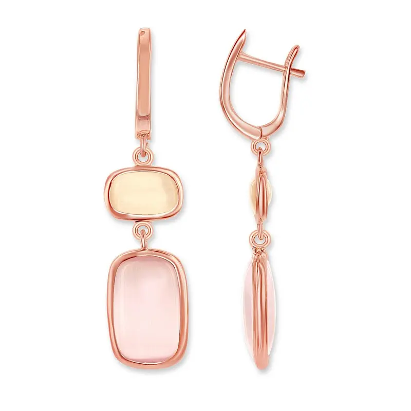 Sterling Silver Champagne & Sakura Pink Cat's Eye Rectangle Earrings - Rose Gold Plated