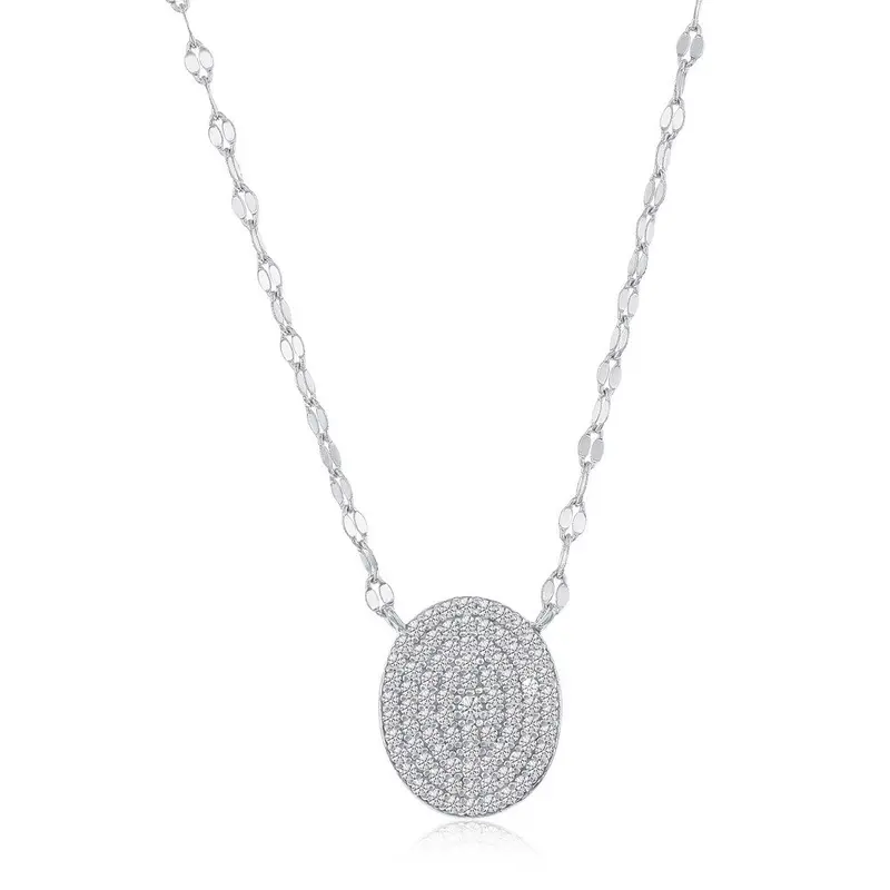 Sterling Silver Oval Pave CZ Mirror Chain Necklace