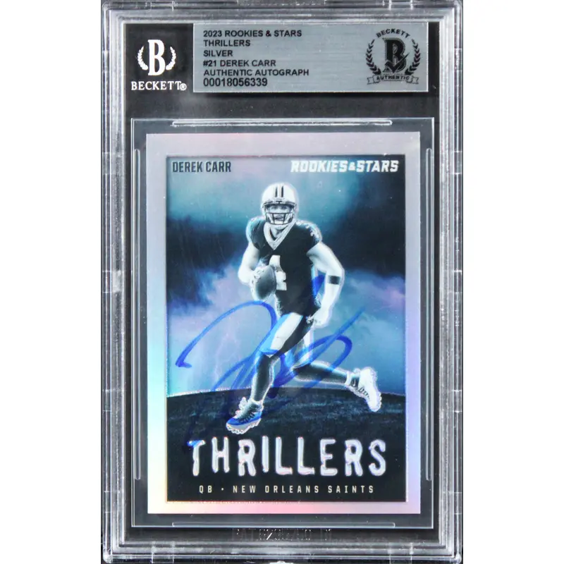 Saints Derek Carr Signed 2023 Rookies & Stars Thrillers Silver #21 Card BAS Slab