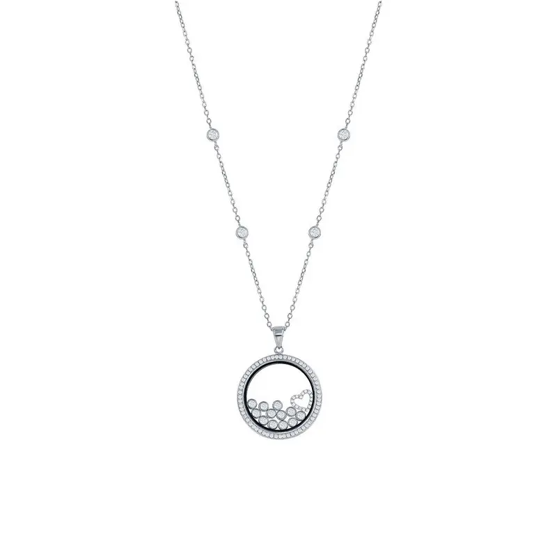 Sterling Silver CZ By the Yard w/ Floating Heart & Round CZ's in a Disc Necklace